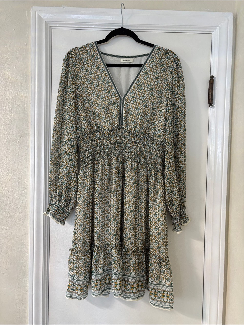 Max Studio Green and Cream Printed Long Sleeve Smocked Dress
